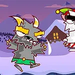 Karikatür tarzında, kış temasına sahip, Noel temalı iki yaratık karlı bir arka planda duruyor