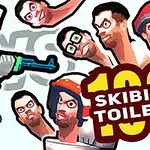 Elinde silah tutan robot benzeri bir figür, Skibidi Toilets yazısı ve bir grup komik yüz ifadesine sahip karakterler