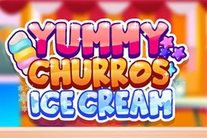 Renkli yazı stiliyle Yummy Churros Ice Cream metni, arka planda bulanık renkler ve yıldız süslemeler