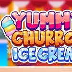 Renkli yazı stiliyle Yummy Churros Ice Cream metni, arka planda bulanık renkler ve yıldız süslemeler