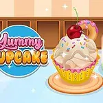 Bir adet kremalı ve kirazlı cupcake, yanında renkli bir içecek ve Yummy Cupcake yazısı