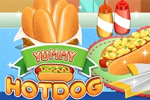 Üzerinde sosisli sandviç, ketçap ve hardal şişeleri bulunan bir masa ile Yummy Hotdog yazısı