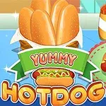 Üzerinde sosisli sandviç, ketçap ve hardal şişeleri bulunan bir masa ile Yummy Hotdog yazısı