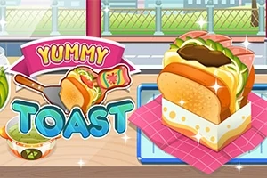 Bir dilim ekmeğin üzerinde marul ve sos bulunan sandviç ve yanında Yummy Toast yazan renkli bir logo