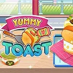 Bir dilim ekmeğin üzerinde marul ve sos bulunan sandviç ve yanında Yummy Toast yazan renkli bir logo