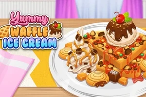 Dondurma, çikolata sosu, şekerlemeler ve meyve dilimleriyle süslenmiş waffle tabağı