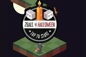 Koyu arka planda ayın önünde kayan platformlar üzerinde cadı şapkası takan bir figür, ortasında mum ile kuru kafa motifleri bulunan ZBall 4 Halloween başlıklı bir grafik