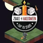 Koyu arka planda ayın önünde kayan platformlar üzerinde cadı şapkası takan bir figür, ortasında mum ile kuru kafa motifleri bulunan ZBall 4 Halloween başlıklı bir grafik