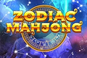 Zodiac Mahjong yazılı metin ve zodyak çarkı, yıldızlarla dolu renkli bir arka plan üzerinde