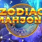 Zodiac Mahjong yazılı metin ve zodyak çarkı, yıldızlarla dolu renkli bir arka plan üzerinde
