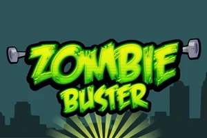 Yeşil ve siyah renkte Zombie Buster yazısı ile şehir silüeti olan bir afiş