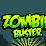 Yeşil ve siyah renkte Zombie Buster yazısı ile şehir silüeti olan bir afiş