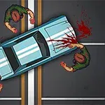Mavi bir araba, dört zombiyi ezerken, yollar kanlı bir sahne oluşturuyor