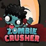 Mavi tenli ve siyah saçlı bir zombi karakteri, kırmızı sıvı fon üzerine yerleştirilmiş Zombie Crusher yazısıyla tasvir edilmiştir