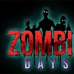 Karanlık arka planda parlayan gözleri olan birkaç zombi figürü ve üzerinde ZOMBIE DAYS yazısı