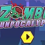 Karanlık bir şehir silueti arka planı üzerinde Zombie Gunpocalypse yazısı ve beynini gösteren bir zombi kafası ikonu, alt kısımda sarı bir oyun başlatma düğmesi