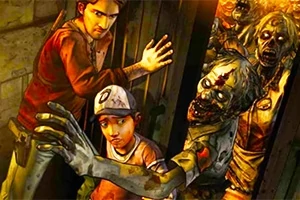 Zombie Hunter Bir adam ve çocuk kapıyı zombi yaratıklara karşı kapatmaya çalışıyor