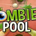 Zombie Pool yazısı, bir göz ve yeşil boya sıçramaları olan tasarım
