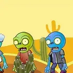 Çöl arka planında kaktüslerin arasında duran üç renkli ve çizgi film tarzı zombi