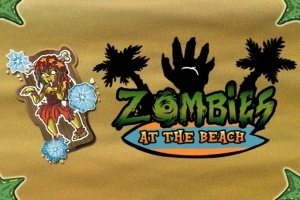 Kahverengi arka planda zombi figürü ve palmiye ağaçlarıyla birlikte Zombies at the Beach yazısı