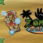 Kahverengi arka planda zombi figürü ve palmiye ağaçlarıyla birlikte Zombies at the Beach yazısı