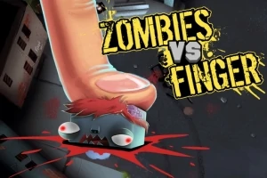 Büyük bir parmak, kan sıçratırken bir zombi figürünün başına basıyor ve arka planda Zombies vs Finger yazısı bulunuyor