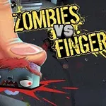 Büyük bir parmak, kan sıçratırken bir zombi figürünün başına basıyor ve arka planda Zombies vs Finger yazısı bulunuyor