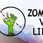 Yeşil bir zombinin eli, etrafında kesik çizgilerle çevrili daire içinde dağ manzarası önünde gösteriliyor
