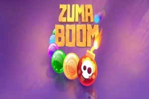 Renkli toplar ve fitili ateşlenmiş bir bomba görseli, mor arka plan üzerinde büyük harflerle ZUMA BOOM yazısı