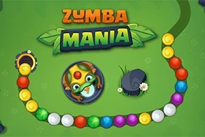 Yeşil zemin üzerinde farklı renkli toplarla çevrili bir kurbağa ve Zumba Mania yazısı