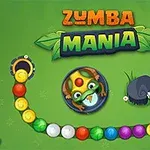 Yeşil zemin üzerinde farklı renkli toplarla çevrili bir kurbağa ve Zumba Mania yazısı
